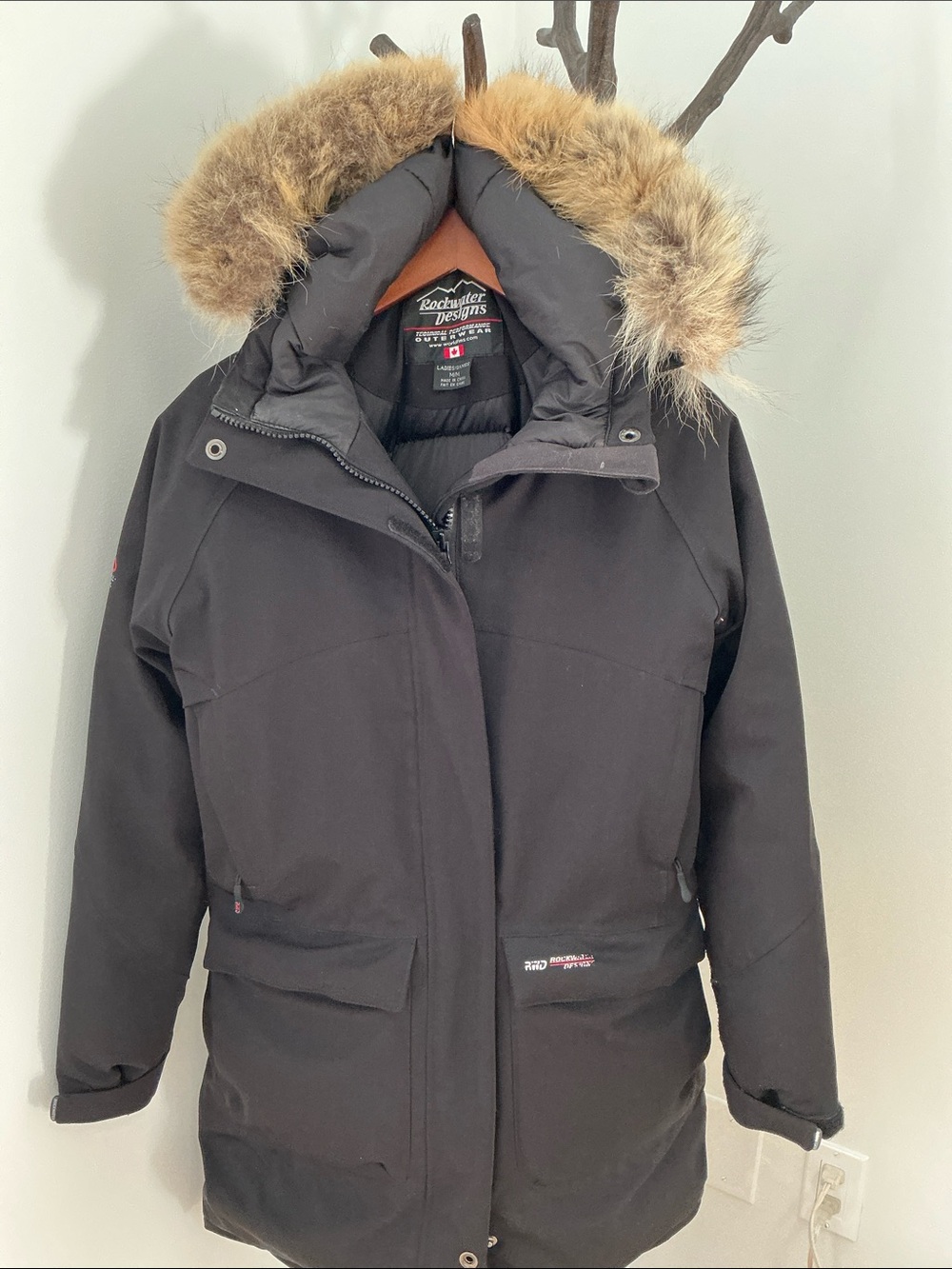 Classic Ladies Rockwater Design Black Insulated Parka with Faux-Fur Hood